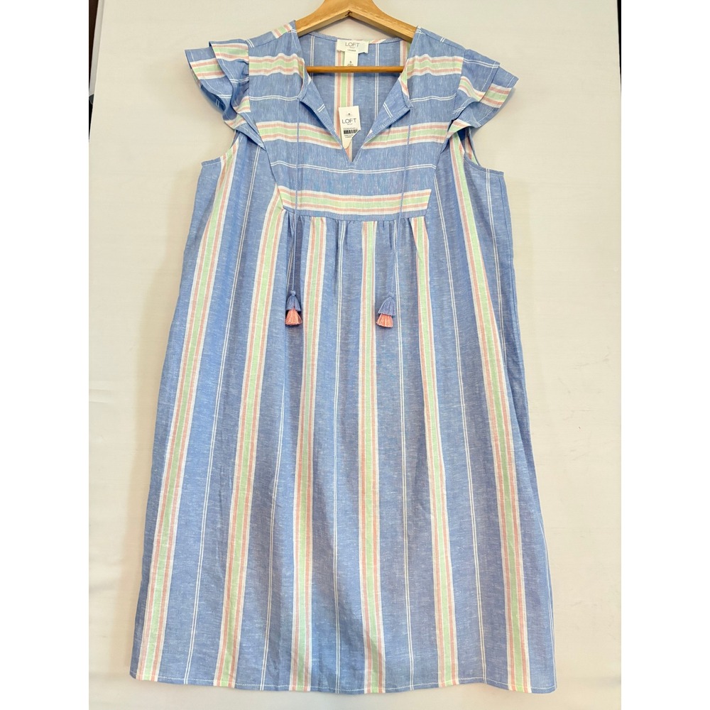 Loft Outlet Lounge Blue Linen Striped Ruffle Sleeve Tassel Shift Dress Small NWT